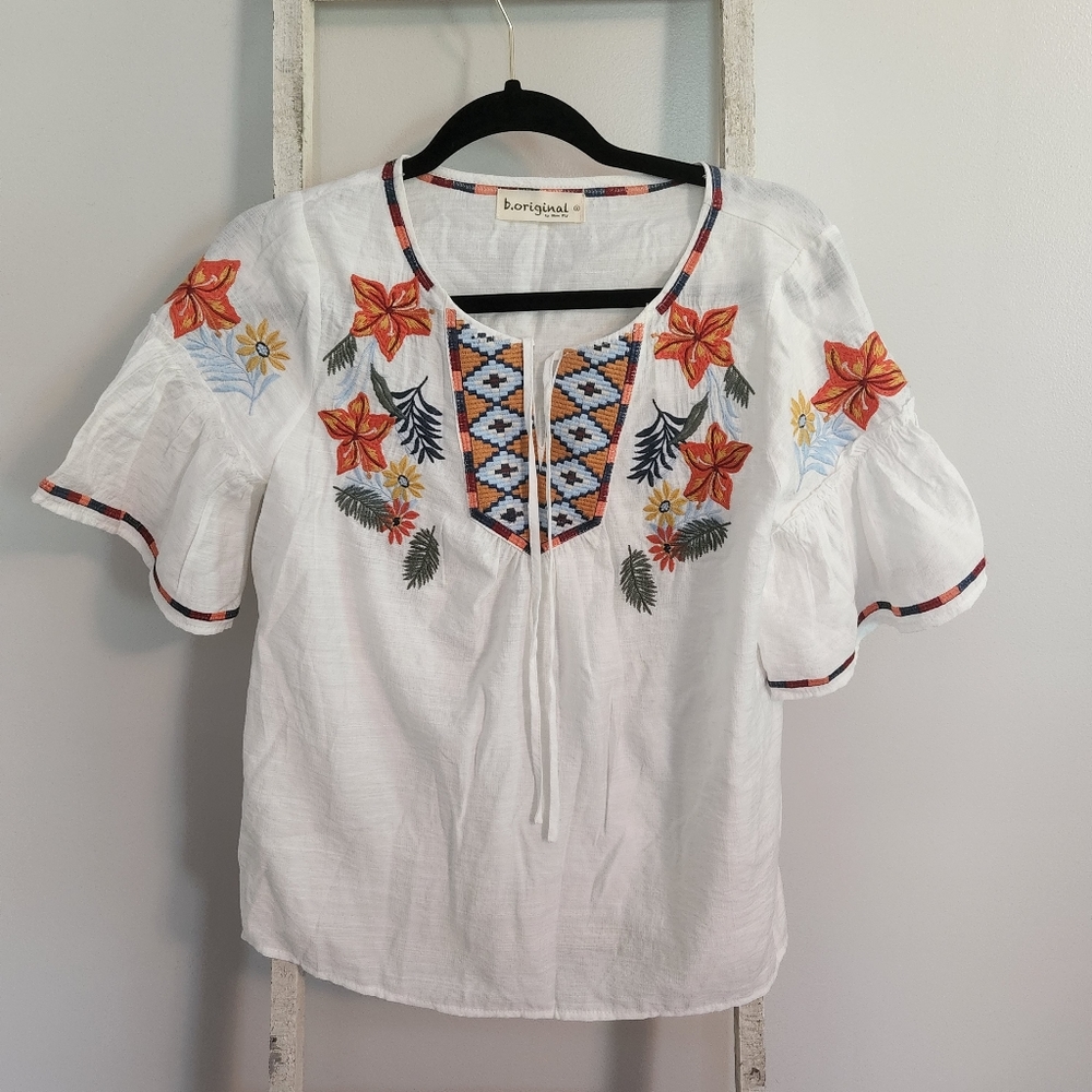 B. Original small floral boho flutter sleeve embroidered boutique top